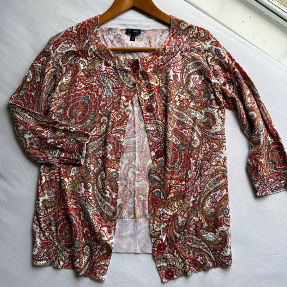 Talbots Womens Red Paisley Button Front Cardigan Sweater Size M 3/4 Sleeve